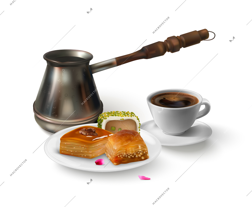Realistic turkish delight composition with baklava and coffee cup vector illustration
