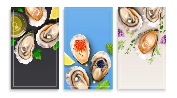 Oysters promo flyers cards set of vertical backgrounds with realistic images of gourmet seafood with caviar vector illustration