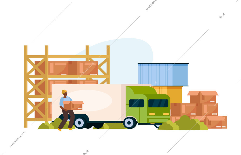 Warehouse logistic flat composition with storehouse worker loading package into delivery truck vector illustration