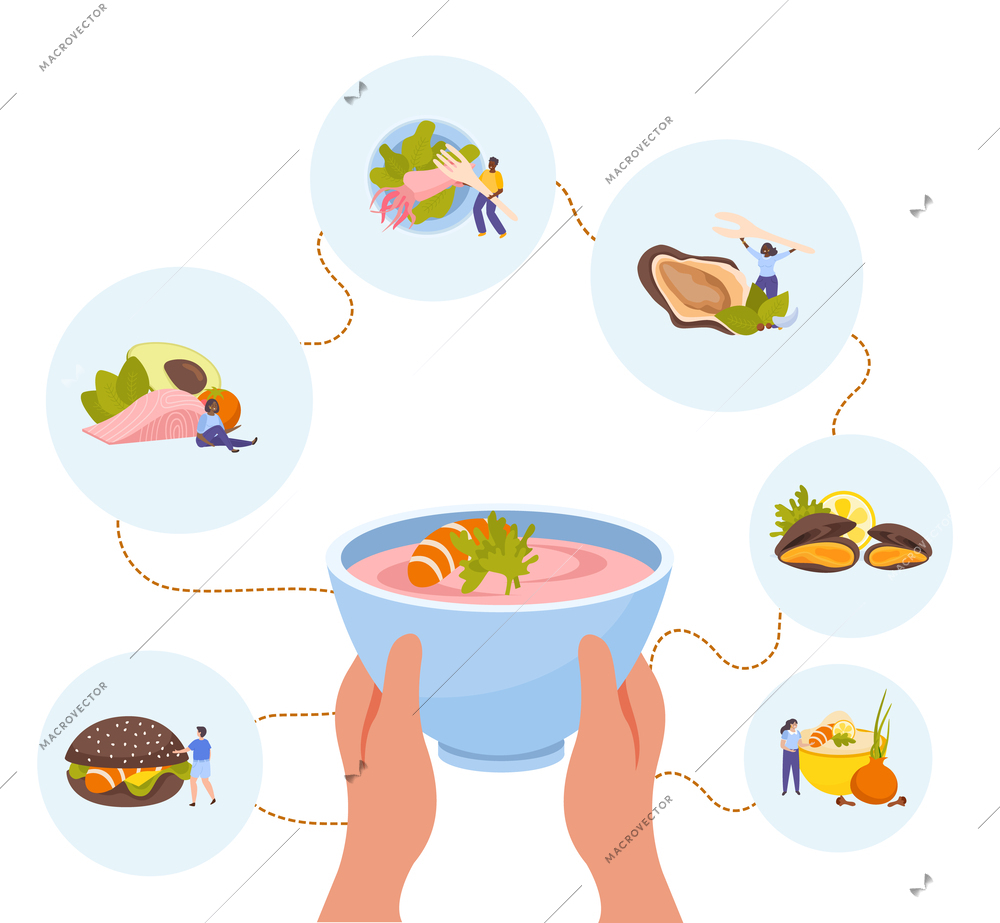 Seafood flat composition with human hands holding soup bowl vector illustration