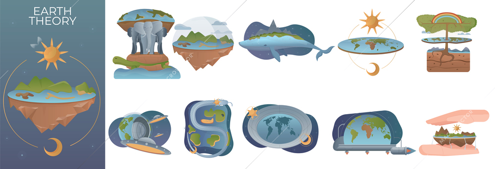 Earth theory composition with view of flat earth sun moon text and set of isolated icons vector illustration