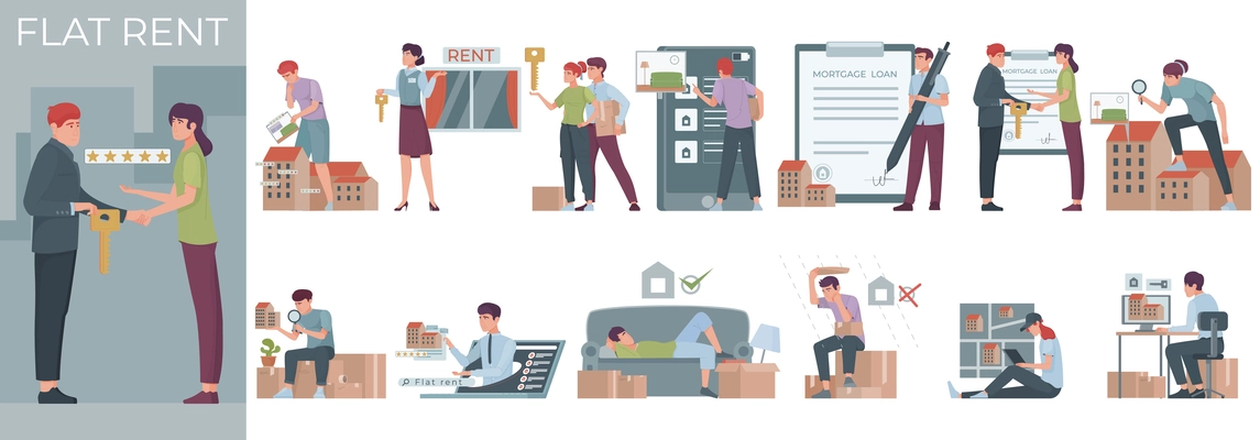 Rent apartment composition with human characters of owner giving keys to renter and set of icons vector illustration