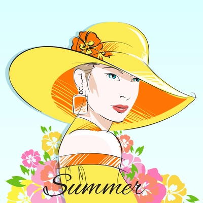 Summer fashion girl in yellow hat with floral decor vector illustration