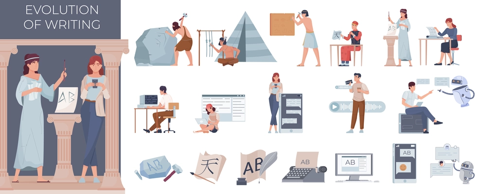 Evolution writing writer flat composition with antique and modern female characters and set of isolated icons vector illustration