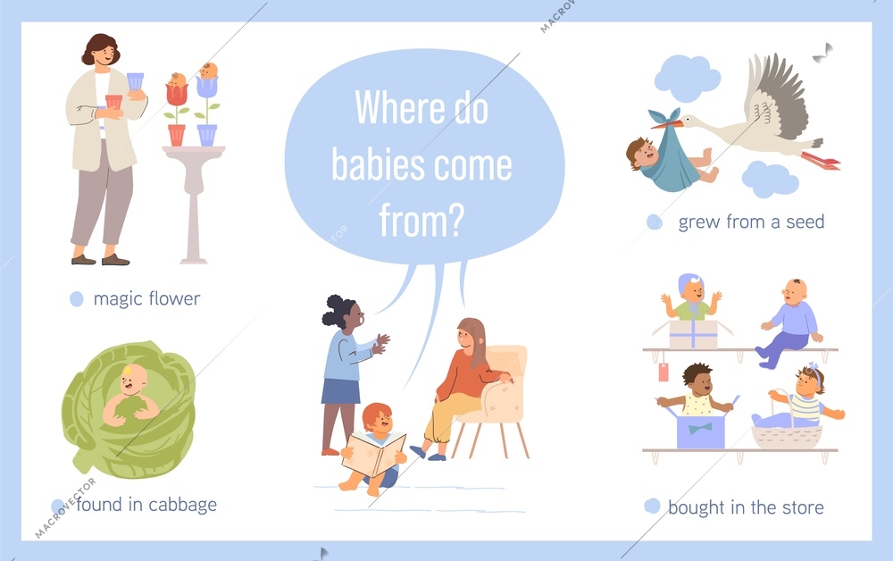 Children birth flat infographic showing where babies come from with newborn in cabbage store flowers delivered by stork vector illustration