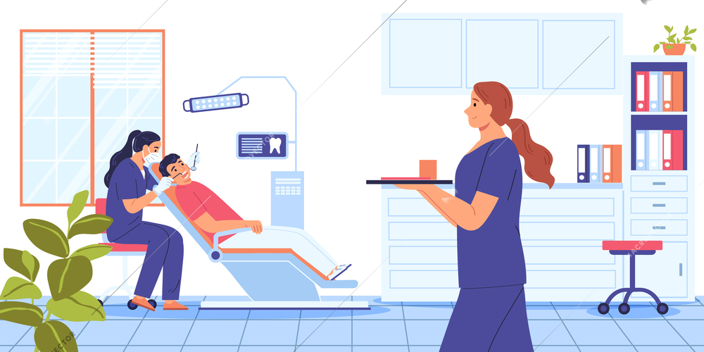 Dentist composition with indoor dental room scenery patient on chair female doctor and assistant performing operation vector illustration