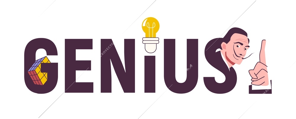 Genius prodigy composition with flat text rubiks cube lamp bulb and salvador dali on blank background vector illustration