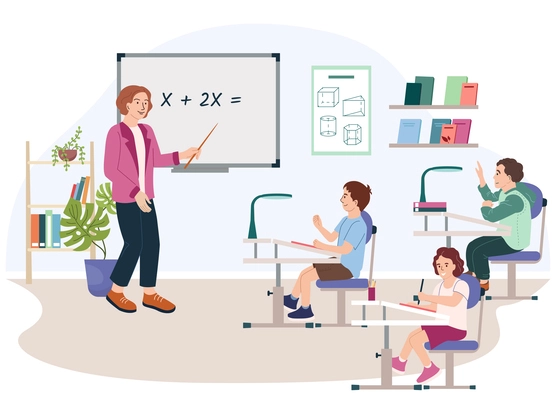 Mathematics lesson flat background with with school teacher at blackboard explaining task to pupils sitting at desks vector illustration