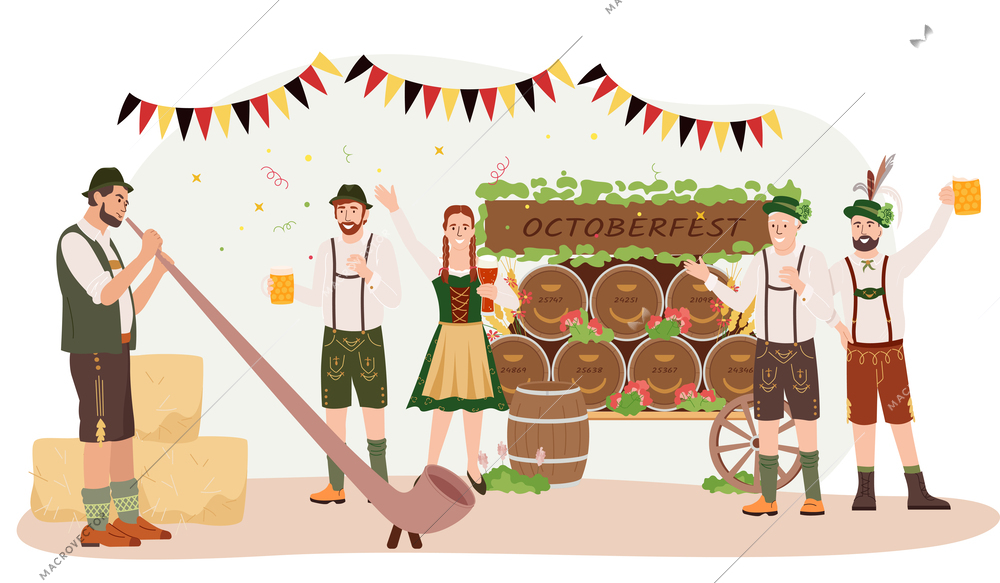 Oktoberfest party flat composition with people in folk costumes near cart with barrels of beer vector illustration