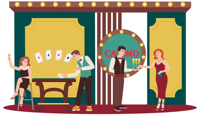 Casino flat vector illustration with croupier and guests playing poker and drinking champagne