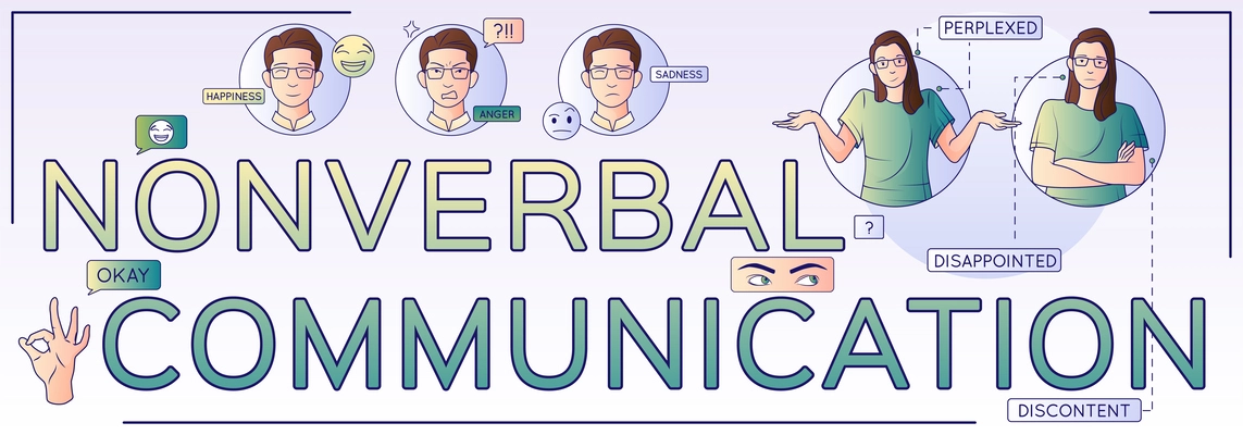 Communication types horizontal composition with text and round icons for nonverbal communication with text and people vector illustration