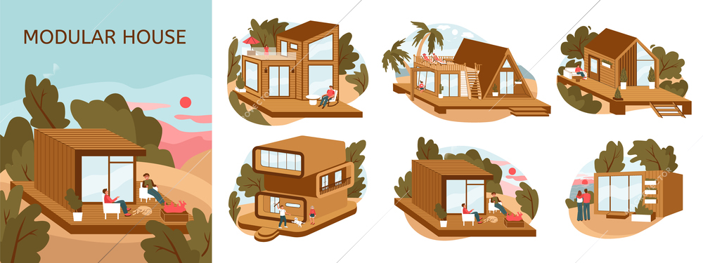 Modular house flat composition set with houses in different styles and with different number of floors vector illustration