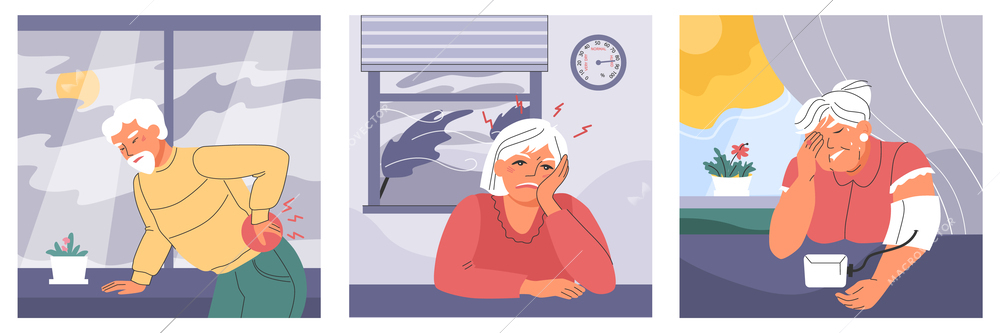 Weather dependence flat set of three square compositions with elderly human characters suffering from weather changes vector illustration