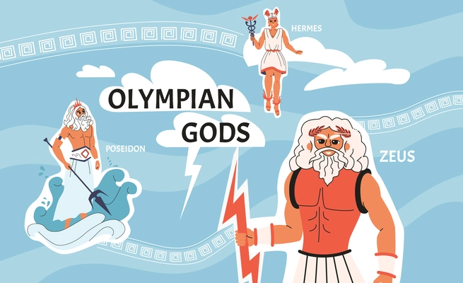 Olympic gods composition with collage of flat icons text and characters of zeus poseidon and hermes vector illustration