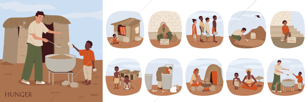 Hunger starvation flat composition set with poor hungry adults and children isolated vector illustration