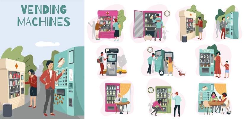 People using atm and vending machines to buy snacks drinks toys and medicine flat composition set isolated vector illustration