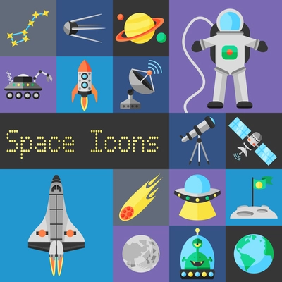 Space decorative icons flat set with planets ufo and astronaut isolated vector illustration