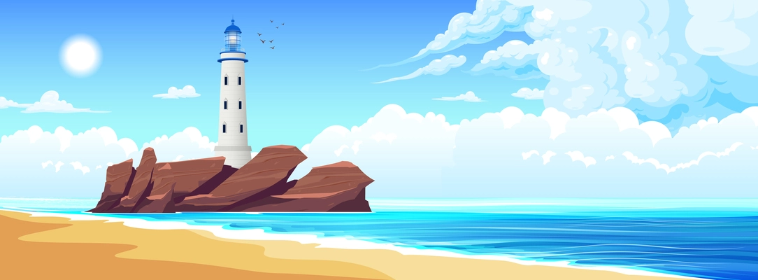 Lighthouse composition with landscape view of marine beach with cliff island and light tower on top vector illustration