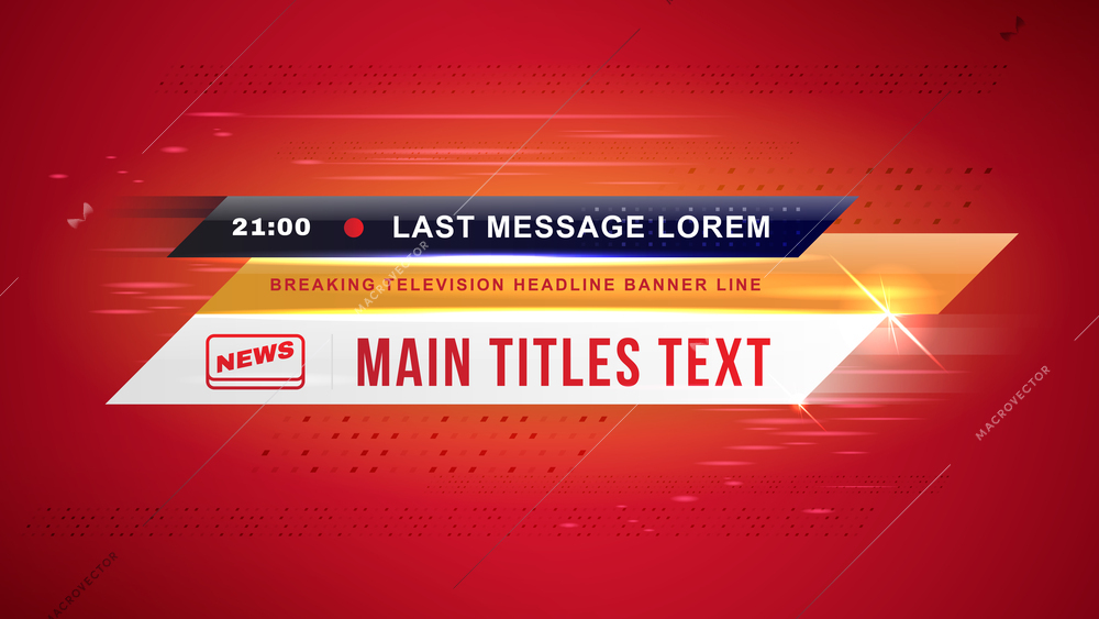 Tv title breaking news composition with abstract background editable text broadcasting time and lower third lines vector illustration