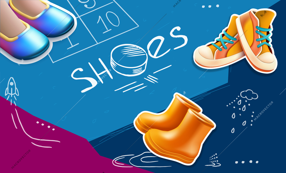 3d shoes composition with collage of chalkboard text and doodle images with pairs of shiny boots vector illustration