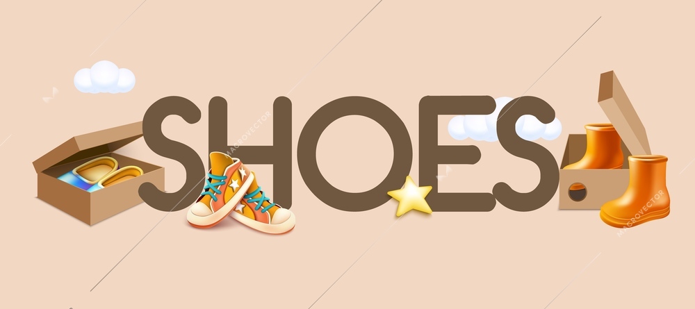 3d shoes composition with text and icons of clouds star and pairs of boots in boxes vector illustration