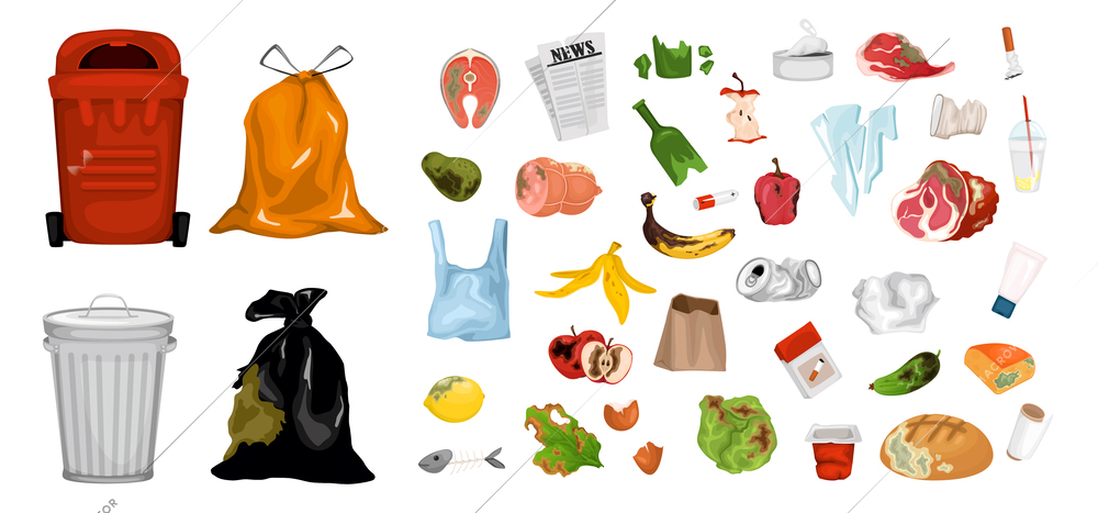 Rotten food and trash containers cartoon set of fruits vegetables and meat products unsuitable for use isolated vector illustration