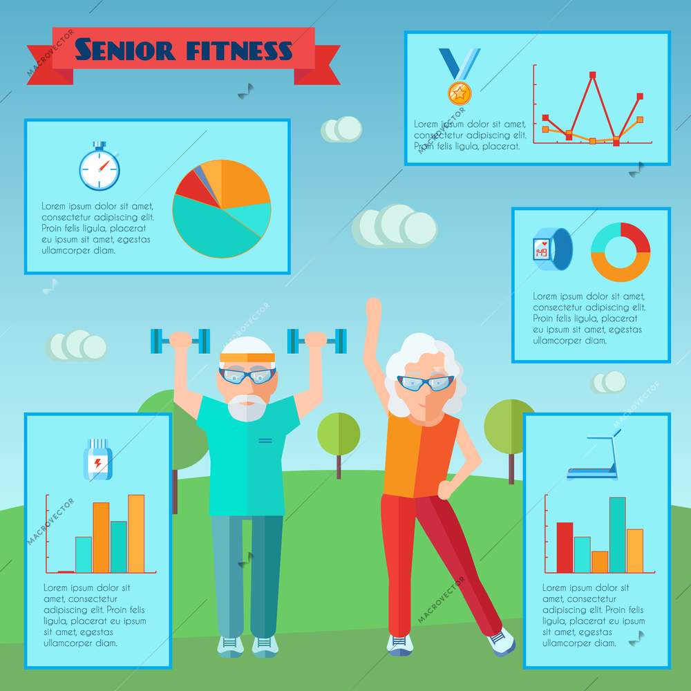 Senior sport infographics with adult couple training and charts set vector illustration