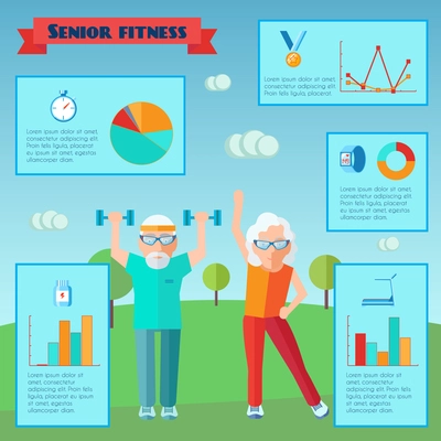 Senior sport infographics with adult couple training and charts set vector illustration