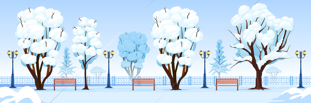 Winter city park horizontal illustration with empty benches and snowy trees cartoon vector illustration