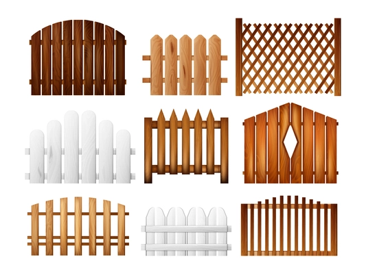 Wooden fence sections realistic set of different forms colors and types of wood isolated vector illustration