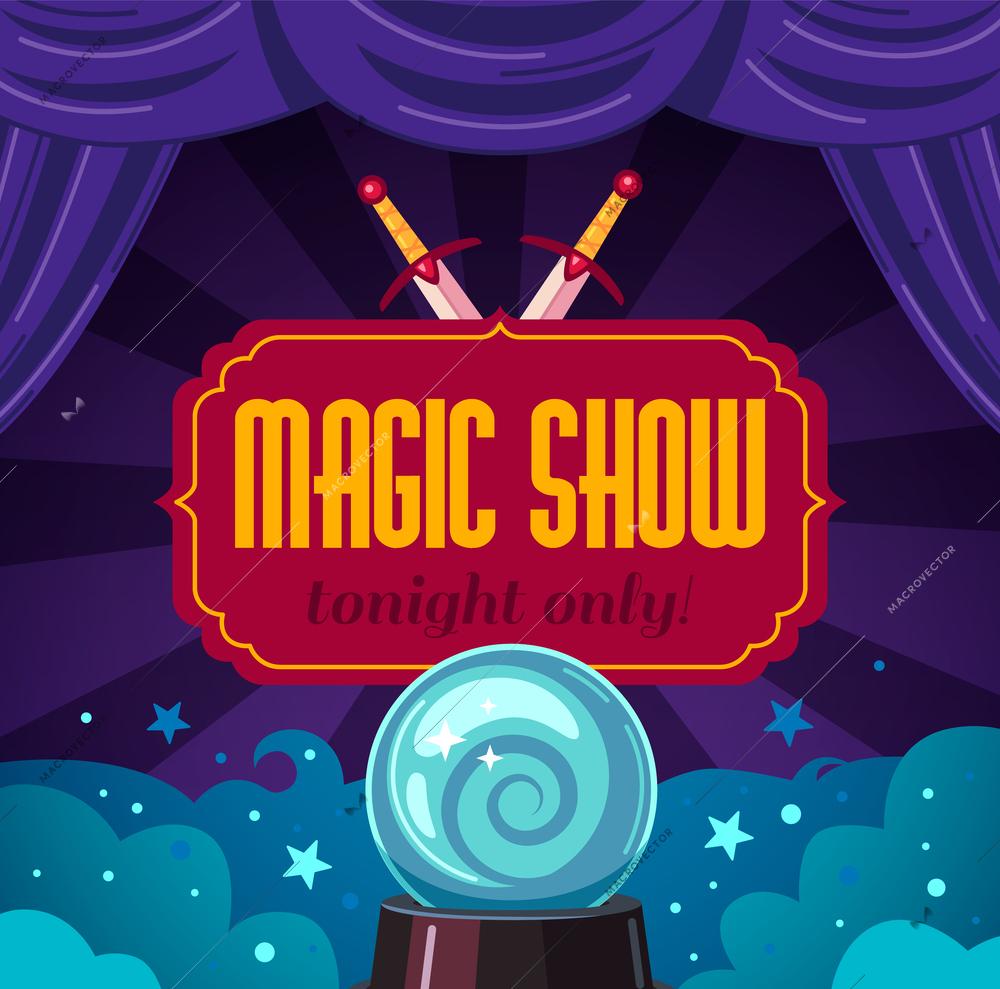 Magic show cartoon poster wtih magician glowing sphere vector illustration