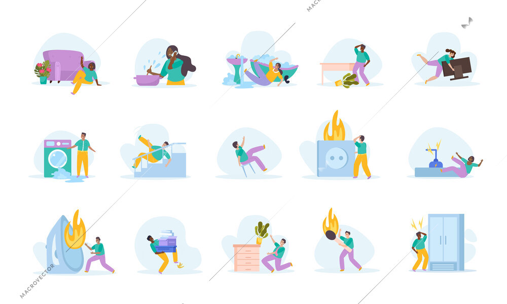 Home safety flat icons set with domestic hazard symbols isolated vector illustration