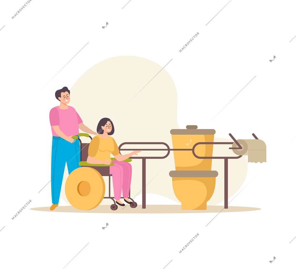 Public restroom flat composition with woman in wheelchair vector illustration