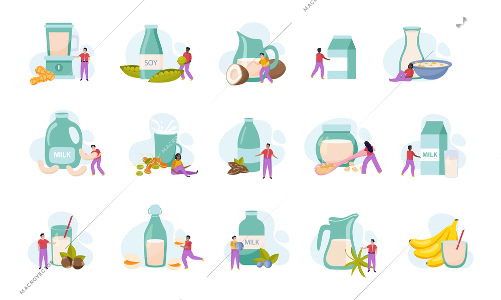 Vegan milk flat icons set with high nutrient vegeterian drink packs isolated vector illustration