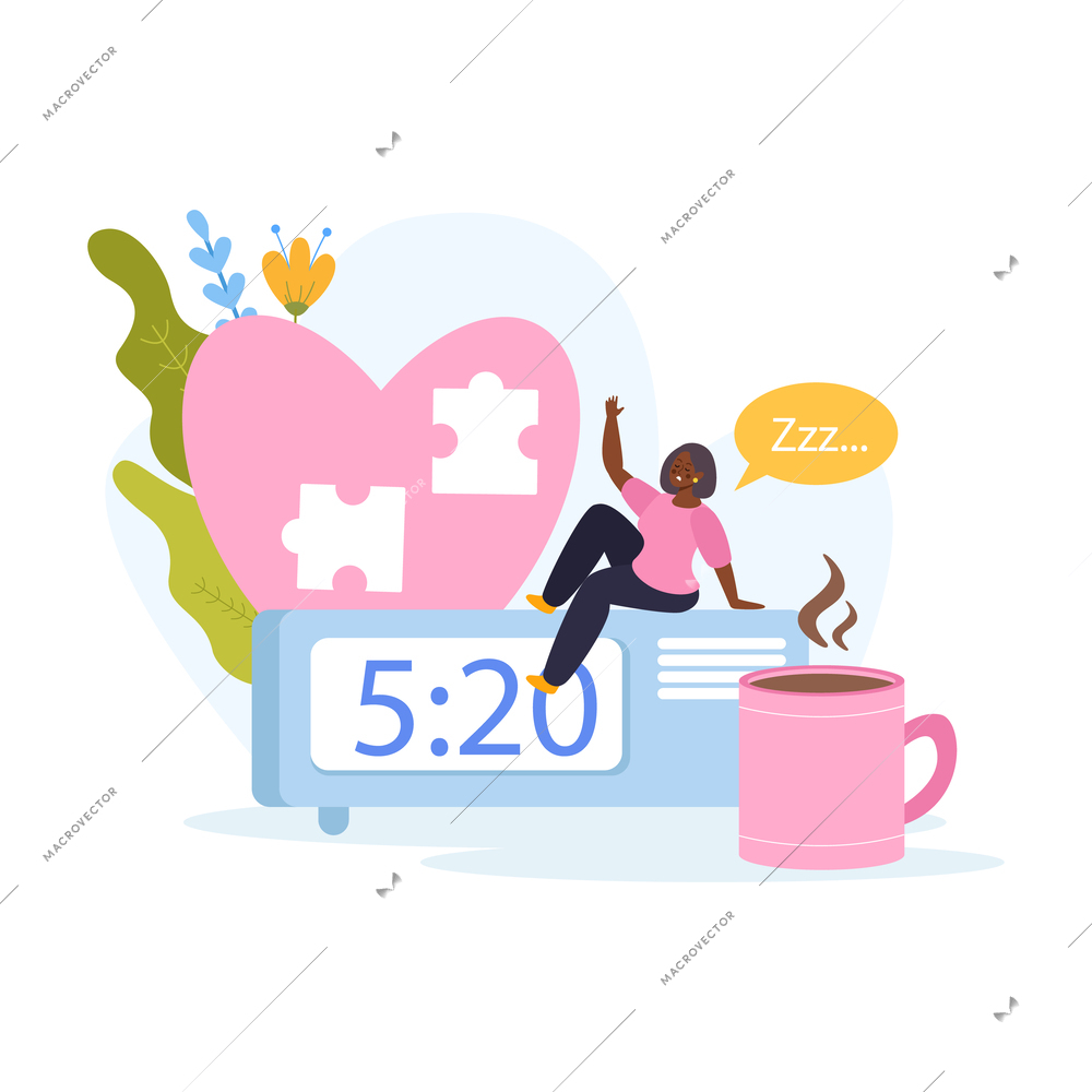 Sleep disorder flat concept with woman and alarm clock vector illustration