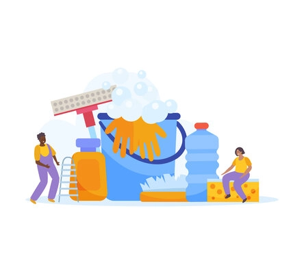 Cleaning service flat composition with chemical appliances and professional staff vector illustration