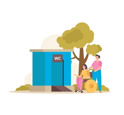 Public restroom flat composition with woman in wheelchair in park vector illustration