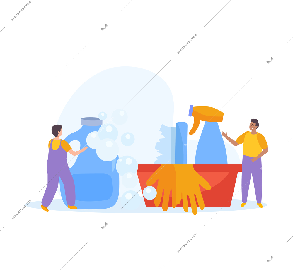 Cleaning products flat composition with washing chemicals and people doing housework vector illustration