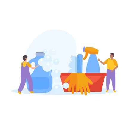 Cleaning products flat composition with washing chemicals and people doing housework vector illustration