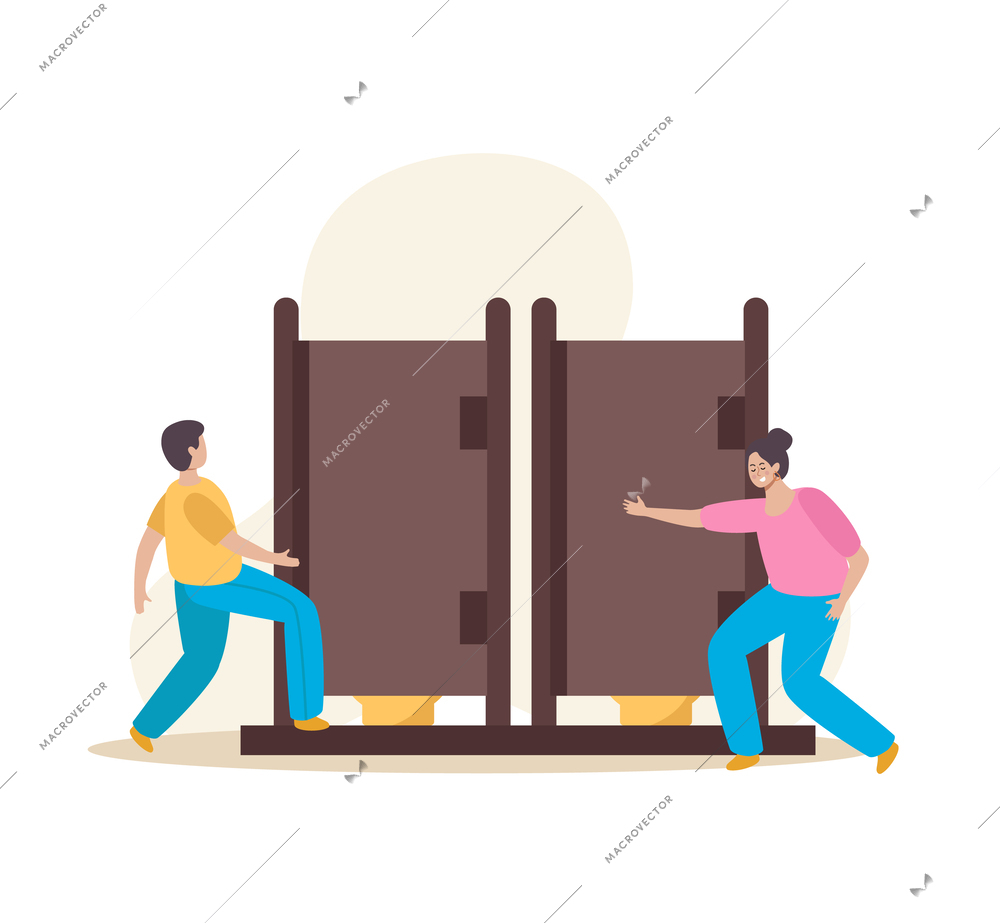 Public restroom flat composition with man and woman near wc doors vector illustration