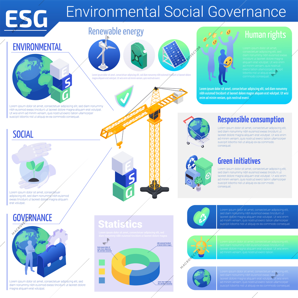 Environmental social and corporate governance isometric infographic template with description of esg principles vector illustration