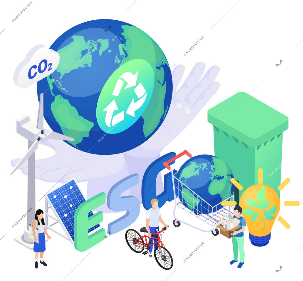 Concept of esg environmental social governance with people sorting rubbish using eco transport reducing carbon footprint isometric vector illustration