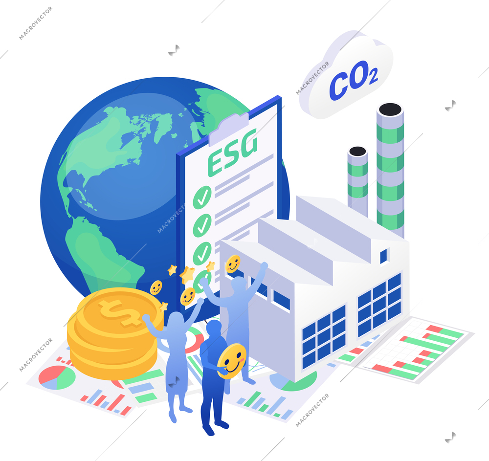 Esg environmental social corporate governance sustainable and ecological production isometric concept with 3d plant building earth happy people vector illustration