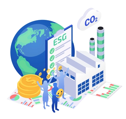 Esg environmental social corporate governance sustainable and ecological production isometric concept with 3d plant building earth happy people vector illustration