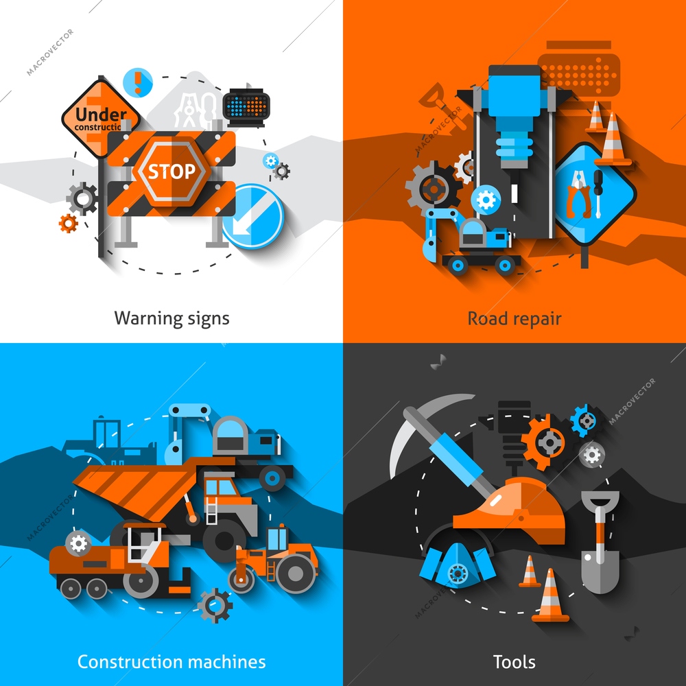 Road repair design concept set with warning signs construction machines and tools flat icons isolated vector illustration