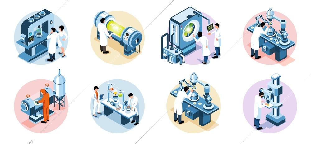 Isometric biotechnology set with scientists doing research in laboratory vector illustration