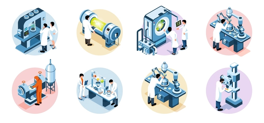 Isometric biotechnology set with scientists doing research in laboratory vector illustration