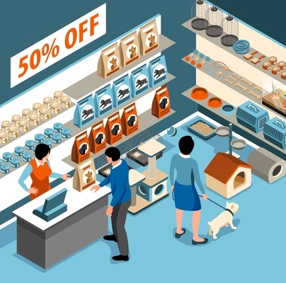 Isometric pet shop scene with dog owners in interior vector illustration