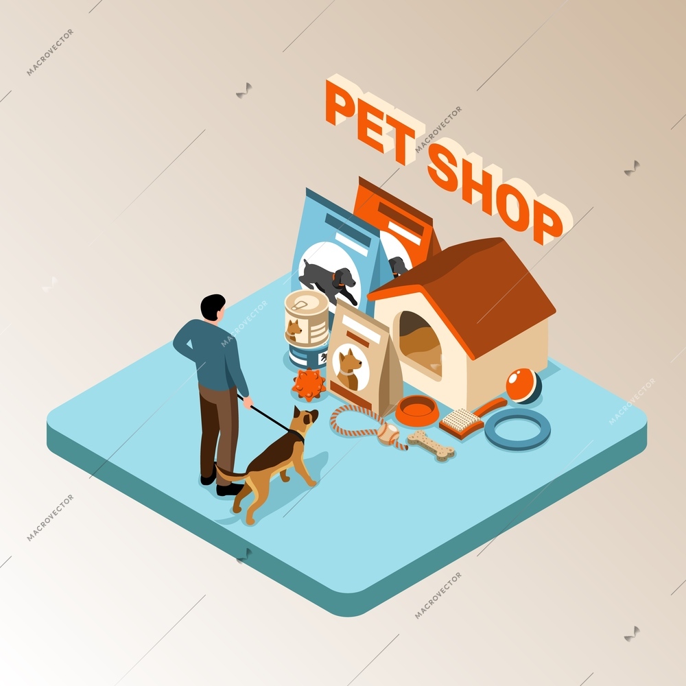 Isometric pet shop scene with dog owner vector illustration