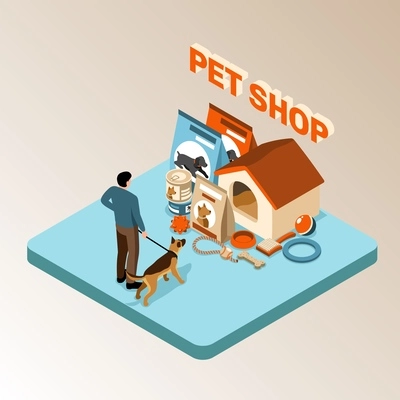 Isometric pet shop scene with dog owner vector illustration